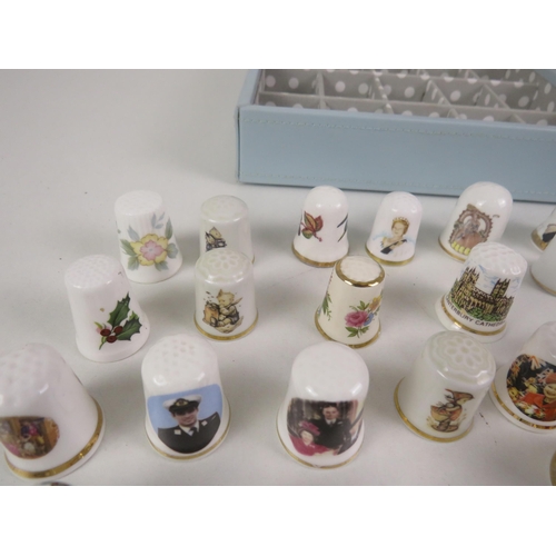 136 - SELECTION OF THIMBLES VARIOUS THEMES, 3 x STACKERS BOXES, SMALL WOODEN WALL CABINET, ROUND JEWELLERY... 