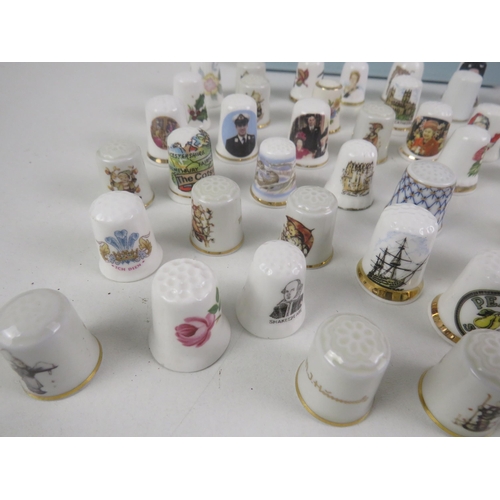 136 - SELECTION OF THIMBLES VARIOUS THEMES, 3 x STACKERS BOXES, SMALL WOODEN WALL CABINET, ROUND JEWELLERY... 