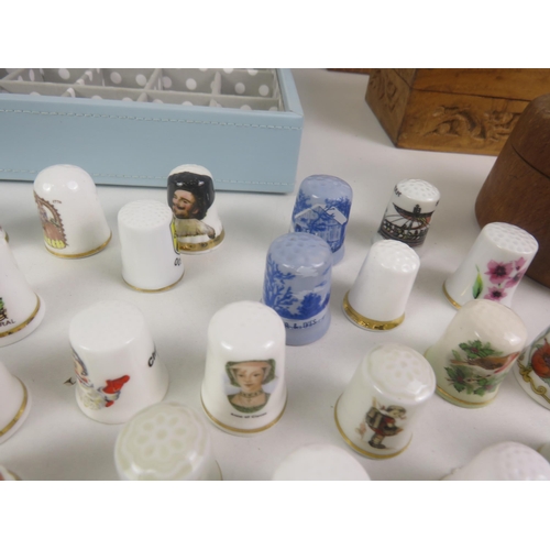 136 - SELECTION OF THIMBLES VARIOUS THEMES, 3 x STACKERS BOXES, SMALL WOODEN WALL CABINET, ROUND JEWELLERY... 