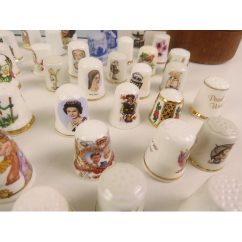 136 - SELECTION OF THIMBLES VARIOUS THEMES, 3 x STACKERS BOXES, SMALL WOODEN WALL CABINET, ROUND JEWELLERY... 