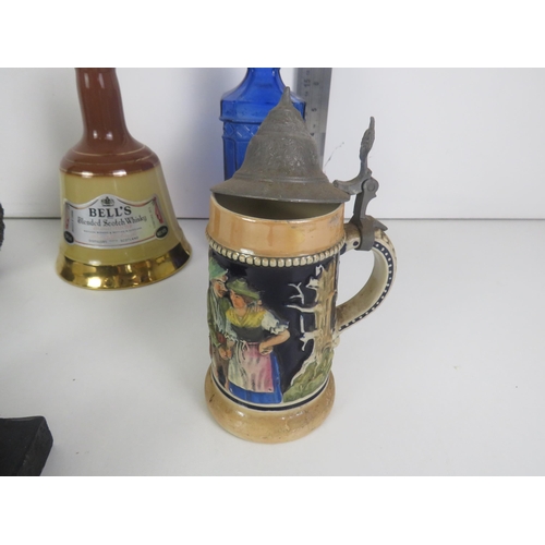 137 - GERMAN STEIN, BLUE PATTERN BOTTLE, TREE BOTTLE WITH SWISS FACE, BELLS WHISKEY BOTTLE BELL TYPE 