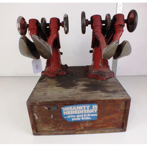 81 - Mid 20th Century cobbler's equipment - two shoe stretchers/vices and a two drawer cabinet containing... 