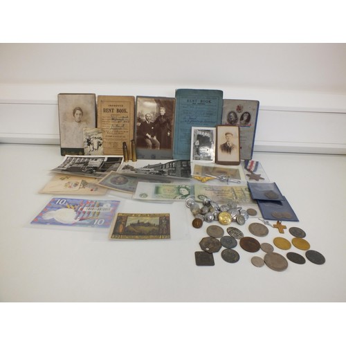 73 - VARIOUS MEDALS, BADGES, BANKNOTES, CABINET CARDS ETC