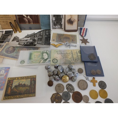 73 - VARIOUS MEDALS, BADGES, BANKNOTES, CABINET CARDS ETC