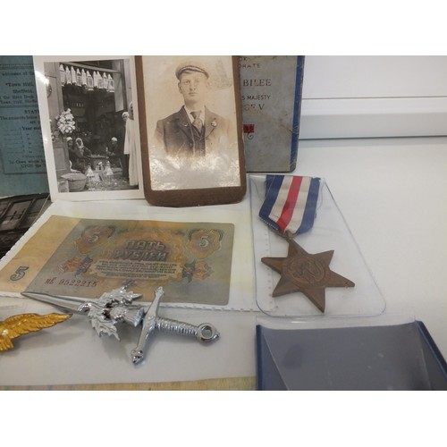 73 - VARIOUS MEDALS, BADGES, BANKNOTES, CABINET CARDS ETC