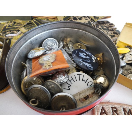 74 - TUB OF BADGES, PATCHES AND BUTTONS ETC