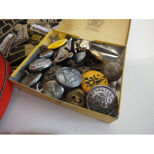 74 - TUB OF BADGES, PATCHES AND BUTTONS ETC