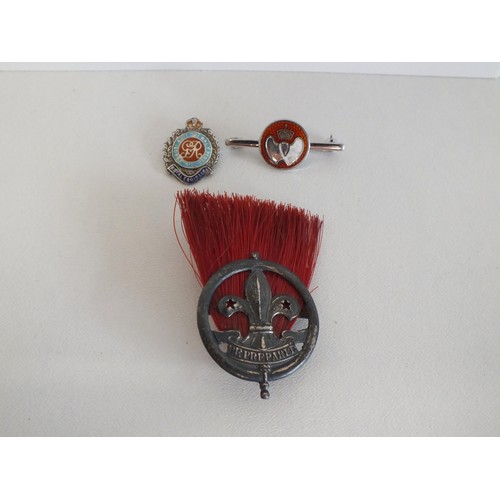 77 - 3 x SILVER ITEMS INCLUDING BOY SCOUTS RED PLUME BADGE