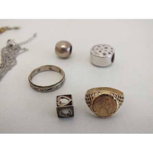 130 - COLLECTION OF SILVER AND GOLD JEWELLERY INCLUDING 9ct GOLD SOVEREIGN RING, SILVER RING, CHARMS AND A... 