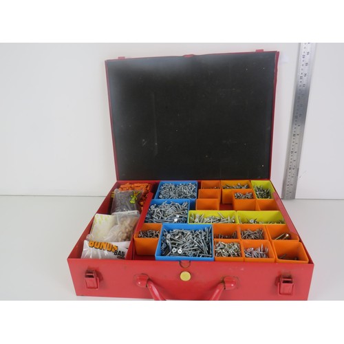 316 - METAL SCREWFIX BOX CONTAINING VARIOUS SIZE SCREWS AND RAW PLUGS, OVAL NAILS ETC