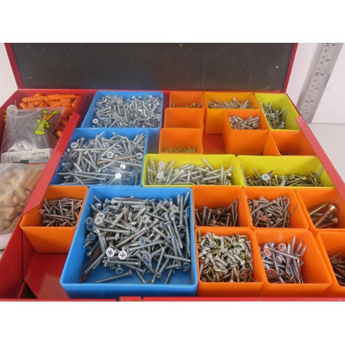 316 - METAL SCREWFIX BOX CONTAINING VARIOUS SIZE SCREWS AND RAW PLUGS, OVAL NAILS ETC