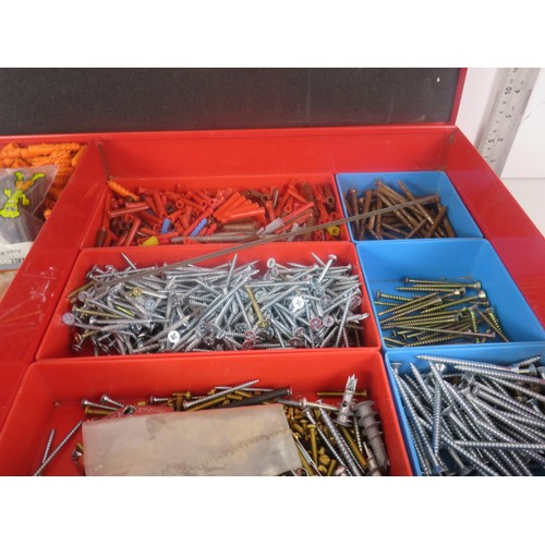 316 - METAL SCREWFIX BOX CONTAINING VARIOUS SIZE SCREWS AND RAW PLUGS, OVAL NAILS ETC