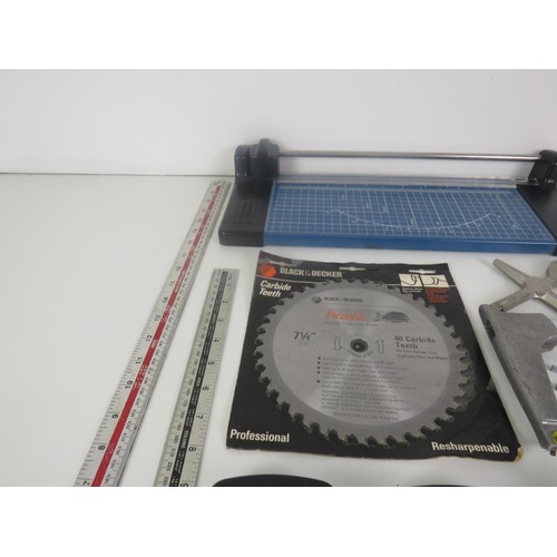 318 - SELECTION OF TOOLS includes SAW BLADE, TAPE MEASURES, CUTTER, RULER, HACKSAW, GRIPS, 2 x MASTER LOCK... 