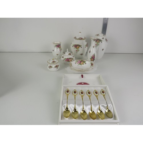 154 - ROYAL ALBERT OLD COUNTRY ROSES GOLD PLATED AND FINE PORCELAIN 6 SPOONS, SMALL, MEDIUM, LARGE POTS, V... 