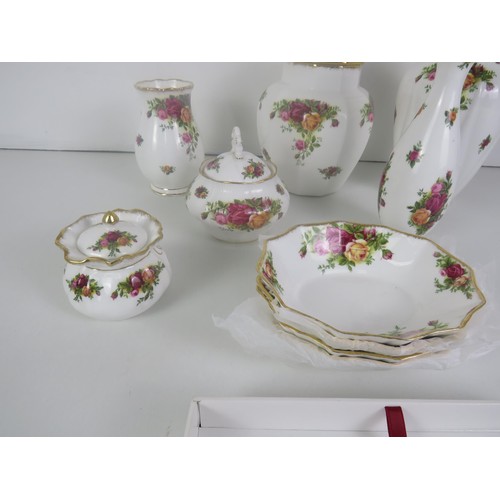 154 - ROYAL ALBERT OLD COUNTRY ROSES GOLD PLATED AND FINE PORCELAIN 6 SPOONS, SMALL, MEDIUM, LARGE POTS, V... 