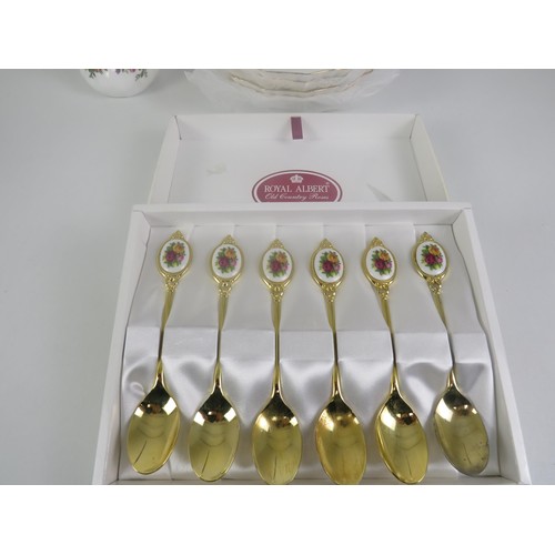 154 - ROYAL ALBERT OLD COUNTRY ROSES GOLD PLATED AND FINE PORCELAIN 6 SPOONS, SMALL, MEDIUM, LARGE POTS, V... 