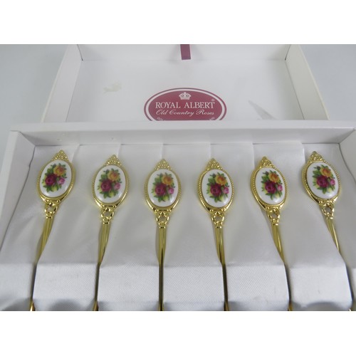 154 - ROYAL ALBERT OLD COUNTRY ROSES GOLD PLATED AND FINE PORCELAIN 6 SPOONS, SMALL, MEDIUM, LARGE POTS, V... 