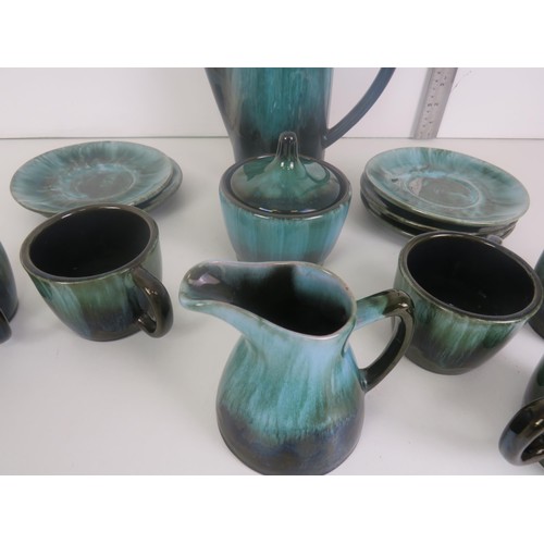 89 - 13 PIECE BLUE MOUNTAIN POTTERY DRIP GLAZE GREEN COFFEE/TEA SERVICE MID CENTURY MODERN STYLISH IN VER... 