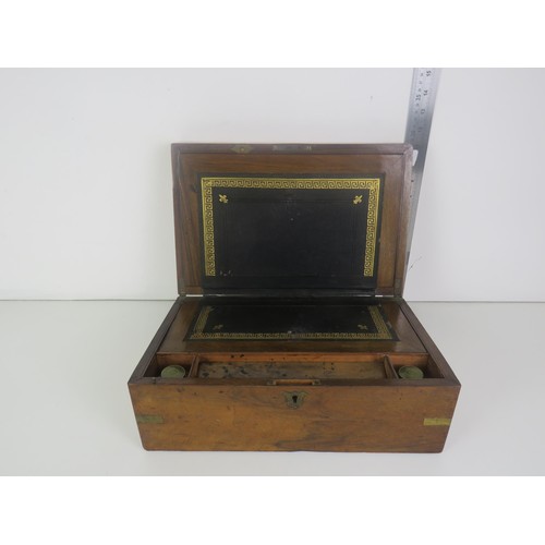 159 - WOODEN WRITING BOX WITH 2 GLASS INK POTS LENGTH 35cms x HEIGHT 15cms x WIDTH 23cms