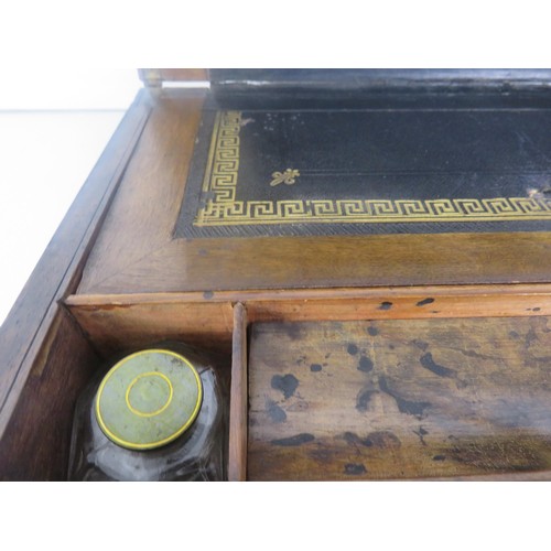 159 - WOODEN WRITING BOX WITH 2 GLASS INK POTS LENGTH 35cms x HEIGHT 15cms x WIDTH 23cms