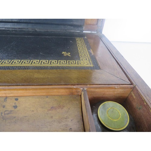 159 - WOODEN WRITING BOX WITH 2 GLASS INK POTS LENGTH 35cms x HEIGHT 15cms x WIDTH 23cms