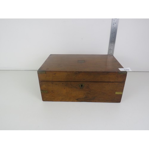 159 - WOODEN WRITING BOX WITH 2 GLASS INK POTS LENGTH 35cms x HEIGHT 15cms x WIDTH 23cms