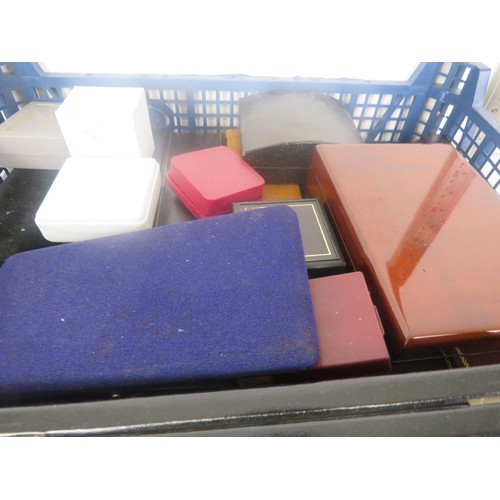 169 - 2 x TRAYS OF EMPTY JEWELLERY AND CUTLERY BOXES FOR RINGS, BRACELETS, NECKLACES, SPOONS ETC