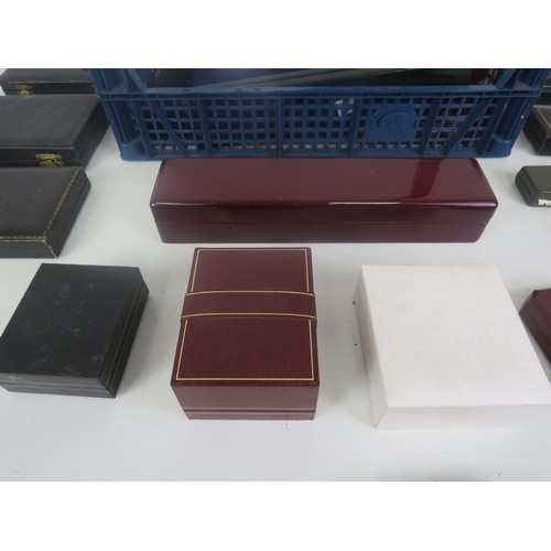 169 - 2 x TRAYS OF EMPTY JEWELLERY AND CUTLERY BOXES FOR RINGS, BRACELETS, NECKLACES, SPOONS ETC