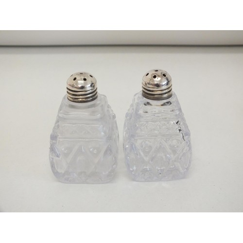 225 - SILVER TOP CUT GLASS SALT AND PEPPER CRUET