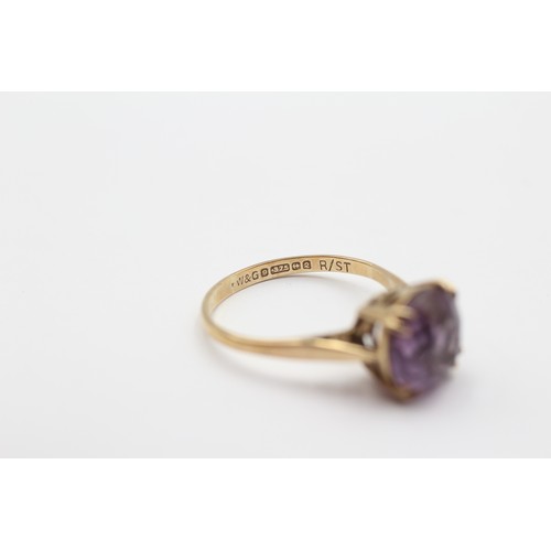 442 - 9ct Gold Amethyst Round Cut Ornate Basket Set Solitaire Statement Ring (2.8g) - Size P