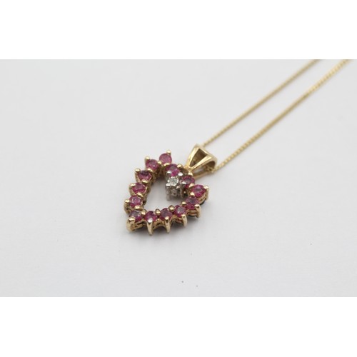 470 - 9ct Gold Diamond, Sapphire And Ruby Double Sided Heart Pendant Necklace (1.6g)