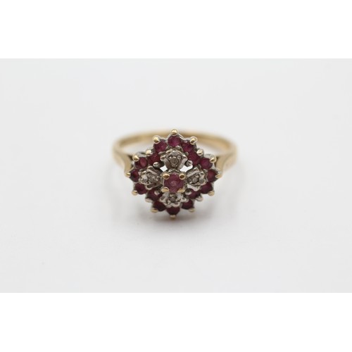 506 - 9ct White And Yellow Gold Diamond And Ruby Illusion Tower Cluster Ring (3.1g) - Size N