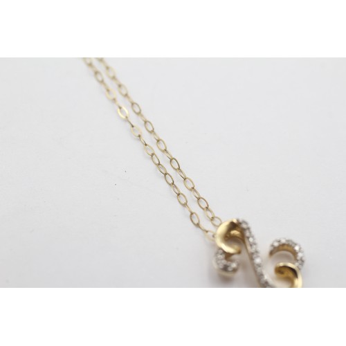 516 - 9ct White And Yellow Gold Diamond Paved Ornate Double Heart Curve Pendant Necklace (1.3g)