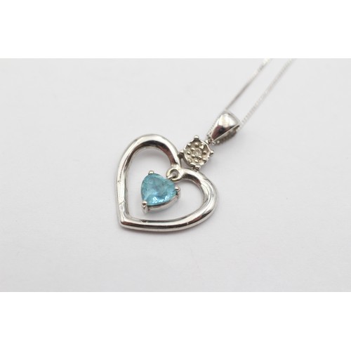 518 - 9ct White Gold Diamond And Topaz Heart Frame Pendant Necklace (1.7g)