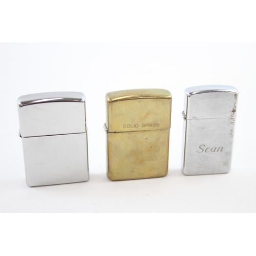 519 - 3 x Assorted ZIPPO Cigarette Lighters Inc Plain, Brass Etc