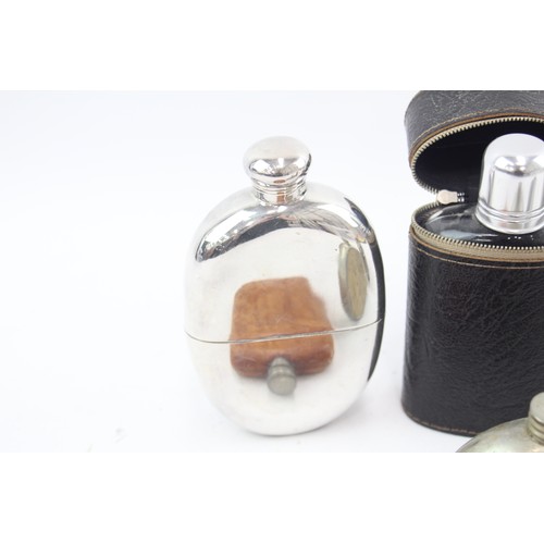 557 - Vintage hip flasks x 6 Inc stainless steel, leather cased, etched detail etc