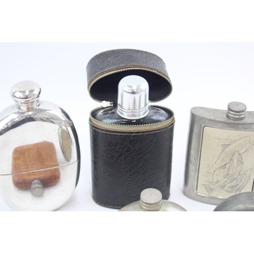 557 - Vintage hip flasks x 6 Inc stainless steel, leather cased, etched detail etc