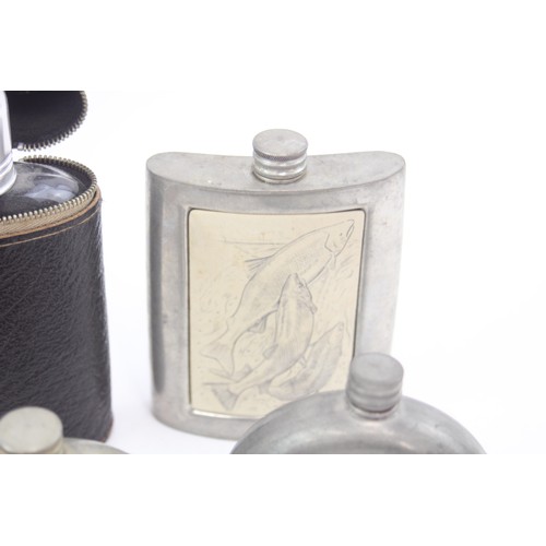 557 - Vintage hip flasks x 6 Inc stainless steel, leather cased, etched detail etc