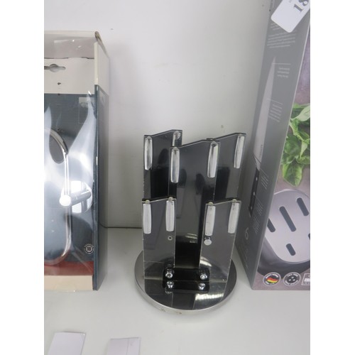 186 - CUISINE PRO 6 PIECE KNIFE SET (MISSING 1 KNIFE) BOXED AND TOWEL HOLDER