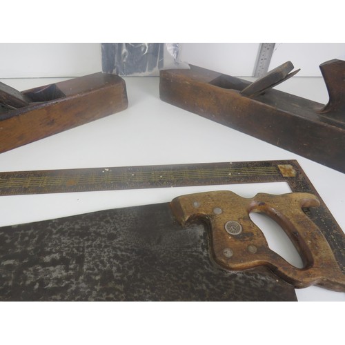 187 - SELECTION OF TOOLS INCLUDES WOOD PLANES, VINTAGE SAWS ETC