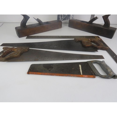 187 - SELECTION OF TOOLS INCLUDES WOOD PLANES, VINTAGE SAWS ETC