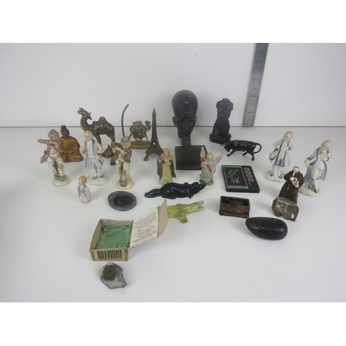 194 - TRAY OF MISCELLANEOUS COLLECTABLES INCLUDES CERAMIC FIGURES, METALWARE ANIMALS, EGYPTIAN STONE SCULP... 