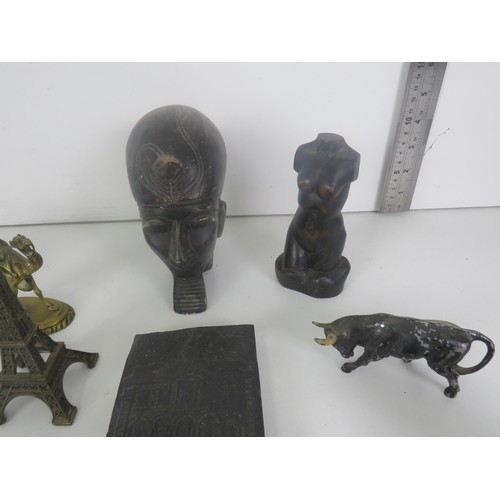 194 - TRAY OF MISCELLANEOUS COLLECTABLES INCLUDES CERAMIC FIGURES, METALWARE ANIMALS, EGYPTIAN STONE SCULP... 