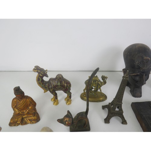 194 - TRAY OF MISCELLANEOUS COLLECTABLES INCLUDES CERAMIC FIGURES, METALWARE ANIMALS, EGYPTIAN STONE SCULP... 