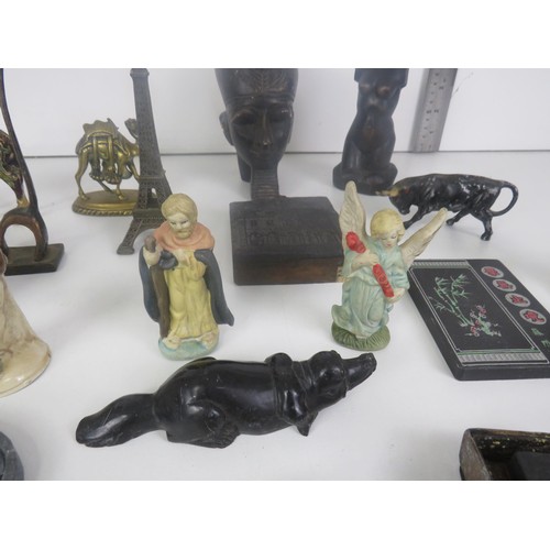 194 - TRAY OF MISCELLANEOUS COLLECTABLES INCLUDES CERAMIC FIGURES, METALWARE ANIMALS, EGYPTIAN STONE SCULP... 