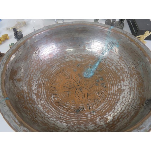 220 - TRAY OF MISCELLANEOUS ITEMS INCLUDES PERSIAN ISLAMIC COPPER DISH, METAL FIGURE, KEWPIE DOLL, MINIATU... 