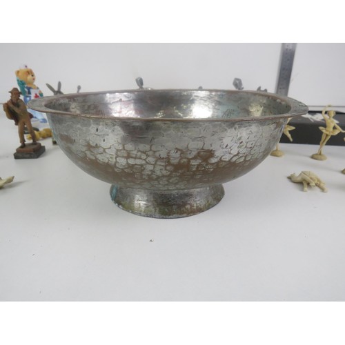 220 - TRAY OF MISCELLANEOUS ITEMS INCLUDES PERSIAN ISLAMIC COPPER DISH, METAL FIGURE, KEWPIE DOLL, MINIATU... 