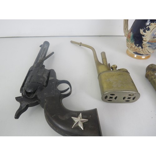 222 - COLLECTABLES INCLUDES ANTIQUE BRASS CHINESE WATER OPIUM PIPE, GINGER ALE ASHTRAY, REPLICA PISTOL, ME... 