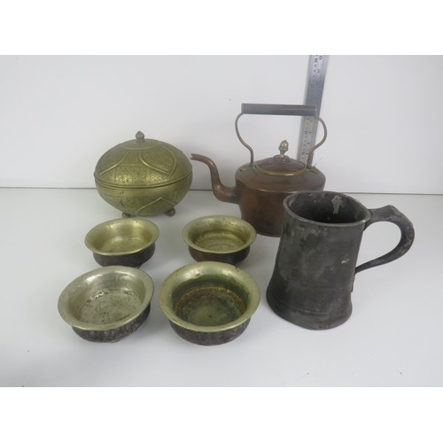 223 - METALWARE COLLECTABLES INCLUDES COPPER KETTLE SET OF FOUR TIBETAN BOWLS, NIGERIAN BRASS BOWL AND A P... 