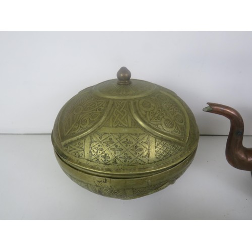 223 - METALWARE COLLECTABLES INCLUDES COPPER KETTLE SET OF FOUR TIBETAN BOWLS, NIGERIAN BRASS BOWL AND A P... 